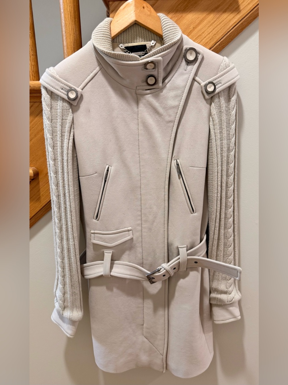 LeFull Beige Knit Sleeve Belted Moto Coat Jacket Size 40 / US 4